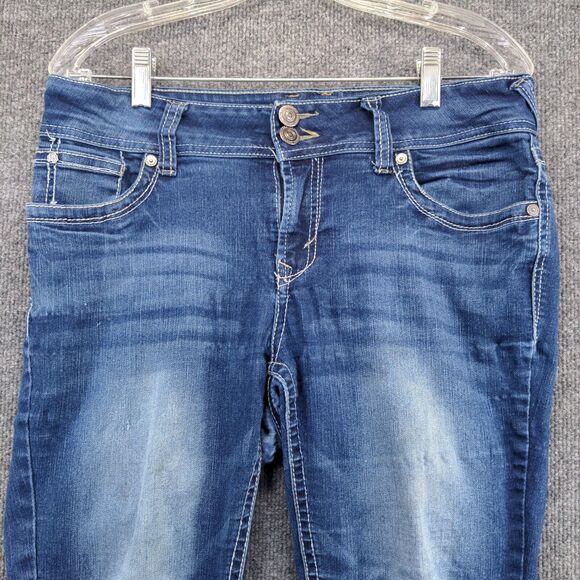 WallFlower Womens Cuffed Cropped Jeans Blue Size 11 Faded Whiskers 2-Button - Picture 2 of 16